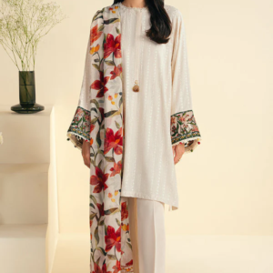 JAZMIN-3PC KHADDAR EMBROIDRED SHIRT WITH WOOL PRINT SHAWL AND TROUSER